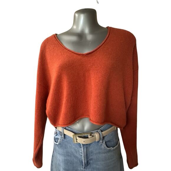 The Group by Babaton 100% Cashmere V Neck Crop Long Sleeve Sweater Orange S 2XS - Picture 1 of 4